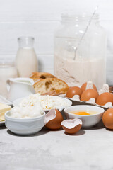 fresh farm dairy products and bread, vertical
