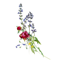 Herbal Floral Arrangement, Corner Element on White Background, Farm House Decor