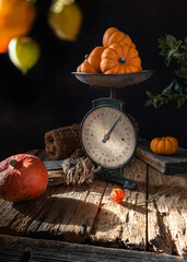 Autumn scene with pumpkins, scales and physalis