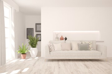 White living room with sofa. Scandinavian interior design. 3D illustration