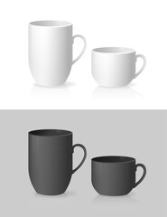 White and black empty cups in classic style on transparent background. White background. Vector illustration.