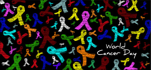 World cancer day Awareness month on february Color ( orange pink rose purple red blue yellow green ) ribbons background for supporting people living and illness. Healthcare and medicine concept Stop