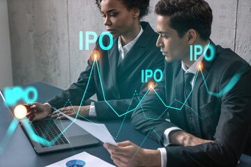 Two businesspeople working on listing project on capital market. IPO concept. Multiexposure.
