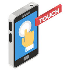 
Finger on smartphone, touch screen icon in isometric style, hand gesture 
