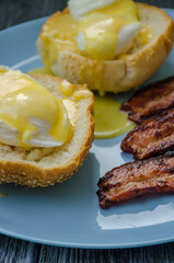 Homemade Benedict Eggs on the plate with souce