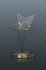 Top 10 award trophy. Star shaped prize with gold number 10. Champion glory in competition vector illustration. Hollywood fame in film and cinema or championship in sport