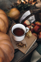 Fall styled composition. Autumn breakfast still life. Scandinavian hygge concept. Morning concept. Cozy autumn scene with pumpkins and apples. Flat lay. Home decor. Thanksgiving and Halloween concept.