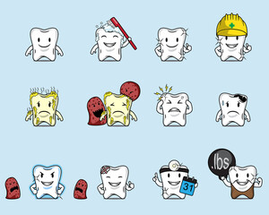 cartoon set of tooth character represent a dental care awareness