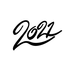 2021 hand written lettering with black text on white background. Happy New Year card design.