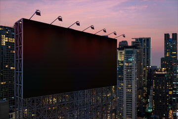 Blank black road billboard with Bangkok cityscape background at night time. Street advertising poster, mock up, 3D rendering. Side view. The concept of marketing communication to promote idea.