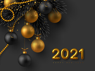 2021 New Year sign. Realistic 3d golden metallic numbers, glitter balls, fir-tree branches and golden beads with tinsel. Christmas background. Vector illustration.