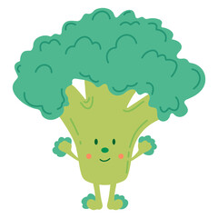 Hand drawn vector illustration of a cute funny broccoli. Isolated object cartoon character on white background. 