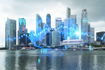 Fototapeta premium Social media icons hologram over panorama city view of Singapore, Asia. The concept of people networking and connections. Double exposure.