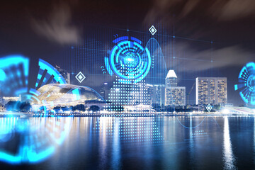 Obraz premium Abstract technology icons, night aerial panoramic cityscape of Singapore, Asia. The concept of innovative approach to optimize international business process. Double exposure.