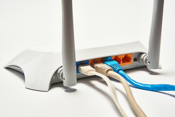 Network cable connects to wireless router, router, internet, global network.