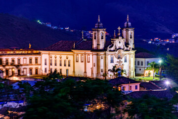 Fototapeta na wymiar Night view from the top of the historic 18th century church and downtown Ouro Preto, Minas Gerais state