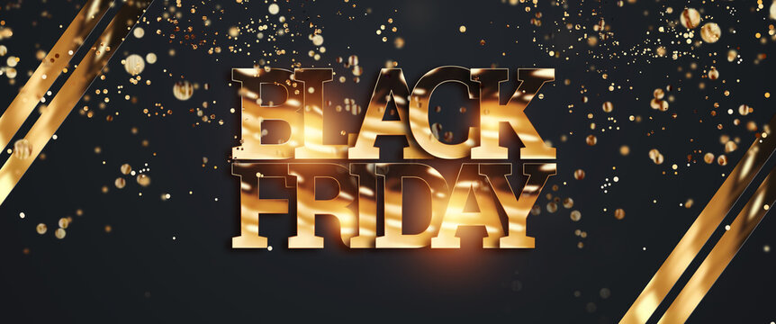 Black Friday sale horizontal flyer lettering in gold. Flyer, banner, poster, gold on a dark background. Copy space, 3D illustration, 3D render.