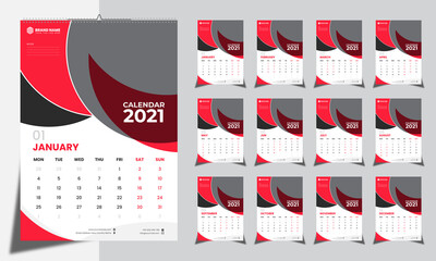 Modern wall calendar design for 2021 year with thin line icons for each month