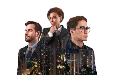 Double exposure of three young, successful, business people, man and woman, standing in front of...