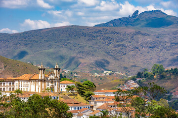 Fototapeta na wymiar Top view of one of the many historic churches in Baroque and colonial style from the 18th century in the city of Ouro Preto in Minas Gerais, Brazil