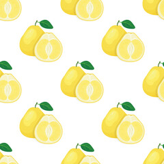 Seamless pattern with fresh bright exotic whole and cut slice pomelo fruit on white background. Summer fruits for healthy lifestyle. Organic fruit. Cartoon style. Vector illustration for any design.
