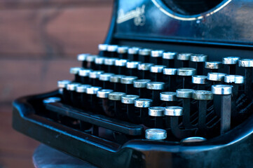 Fototapeta na wymiar Antique typewriter. Black color. Old printing press