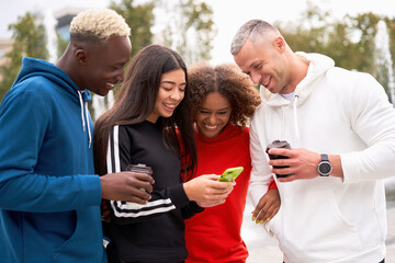 Multi-ethnic group people teenage friends. African-american, asian, caucasian student spending time together Multiracial friendship