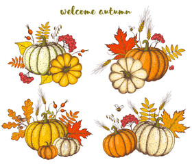 Pumpkin and fall leaves bouquet. Thanksgiving design template. Hello autumn illustration. Harvest festival. Hand drawn frame with fall leaves, pumpkin. Vector illustration
