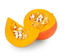 Fresh Orange Pumpkin halved and slimed  isolated on white background. Decorative pumpkin close up.