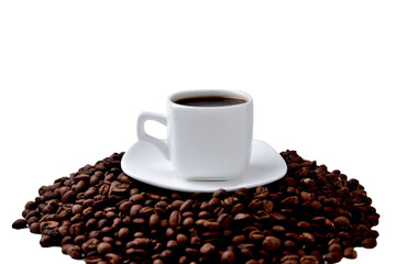 white cup of coffee on a white saucer stands on a hill of coffee beans on a white background , angle view from above