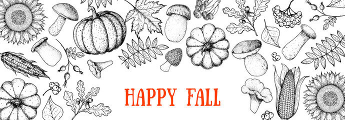 Hello autumn illustration. Autumn harvest. Hand drawn frame with fall leaves, pumpkins, mushrooms, sunflower. Vector illustration. Thanksgiving design template. Sketch design.