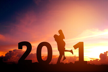 2021 Newyear Silhouette young couple Happy for romantic new year concept.