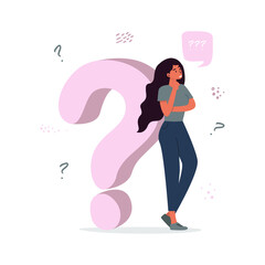 Flat vector cartoon illustration of a girl standing next to a large question mark. Concept of a question and search for an answer.