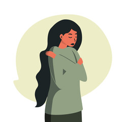 A sad woman with loose hair runs away from the problems in her life. The depressed girl or teenager withdrew into herself, hugging her shoulders. The concept of depression, apathy, procrastination.