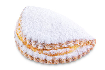 Cottage cheese cookies sochnik with powdered sugar on a white isolated background