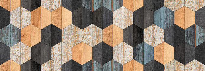 Multicolored parquet floor with hexagonal pattern made of barn boards. Seamless wood texture...