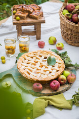 Freshly baked apple pie with stewed fruit glasses and tree branches, top view