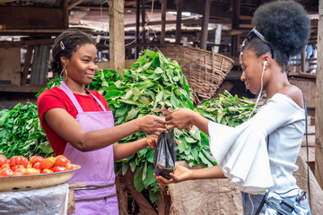 african woman selling in a local african market to a customer