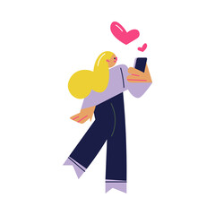 Young happy woman walking, communicating and dating online in chat