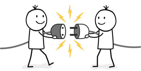 Zwei Strichmännchen stellen eine Verbindung symbolisch über ein Stromkabel her