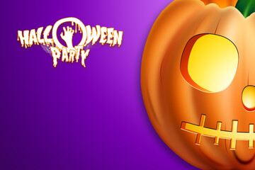 Creative Halloween Background. Halloween party lettering and pumpkin image. Scary Jack. Illustration for the website. Copy space, 3D illustration, 3D render.