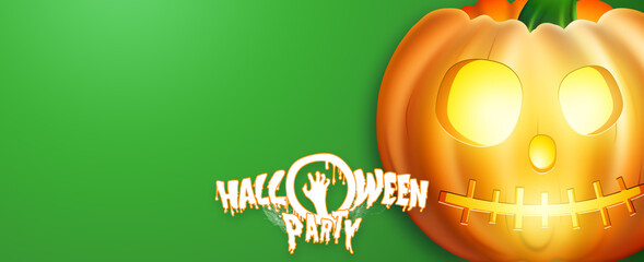 Happy Halloween Banner. Realistic image of an orange pumpkin on a green background. Horizontal flyer, header for website. Copy space, 3D illustration, 3D render.