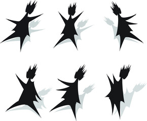 Sets of silhouettes of an abstract girl in different positions celebrating and dancing