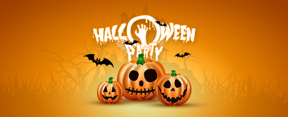 Happy Halloween Banner. Realistic image of an orange pumpkin on an orange background. Horizontal flyer, header for website. Copy space, 3D illustration, 3D render.