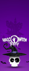 Happy Halloween Banner. Lettering Halloween party Skull wearing a witch hat. Scary Jack. Vertical flyer, header for website. Copy space, 3D illustration, 3D render.