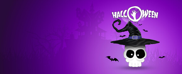 Happy Halloween Banner. Image of a skull in a witch's hat on a purple background. Horizontal flyer, header for website. Copy space, 3D illustration, 3D render.