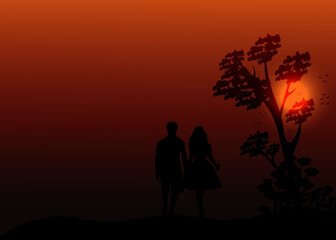 Fototapeta premium Illustration abstraction of a couple walking in the evening time, very romantic scene and background concept isolated
