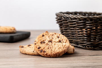 The concept of home baked cookies. Cookies with chocolate pieces