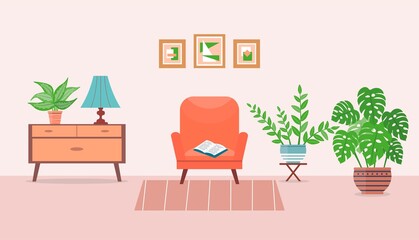 Living room interior design with armchair and houseplants. Furniture: armchair, curbstone, lamp, paintings. Home interior. Cute vector illustration in flat style.