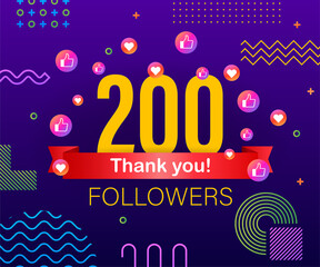 Thank you 200 followers numbers. Congratulating multicolored thanks image for net friends likes. - obrazy, fototapety, plakaty
